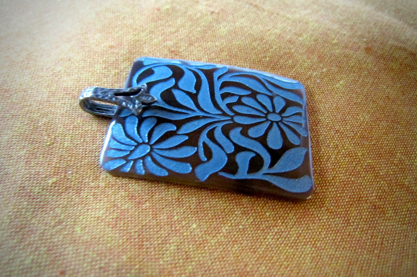 Stunning vintage etched shell rectangular necklace pendant on sterling silver bail