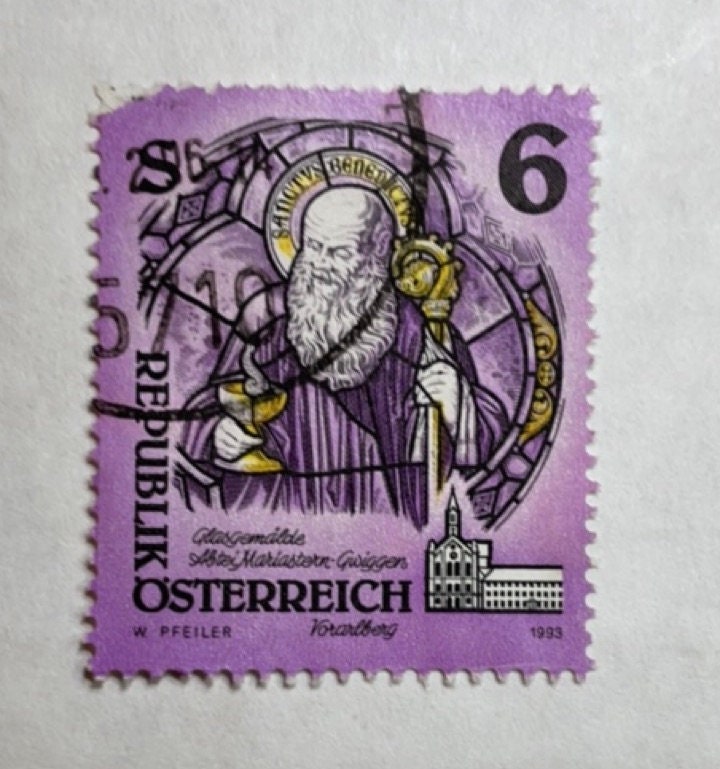 Tiny square stud earrings made from genuine vintage postage stamps - Osterreich Austria postage stamp 1983 purple, saint, Austria Monastery