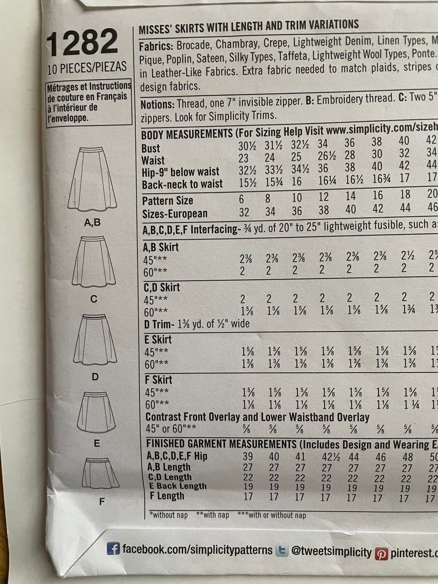 UNCUT Sewing Pattern - Simplicity 1282 - Sizes 14, 16, 18, 20, 22 - Skirt pattern - above knee, and knee length