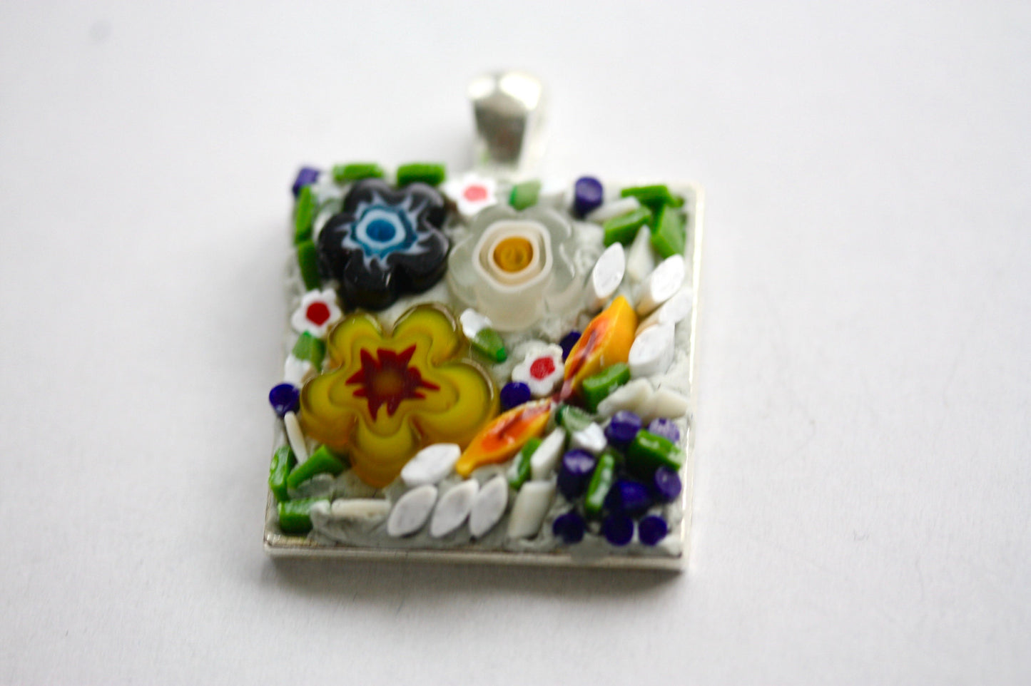 My handmade mosaic necklace - "Flower garden" - hand cut ceramic and glass with millefiori flowers