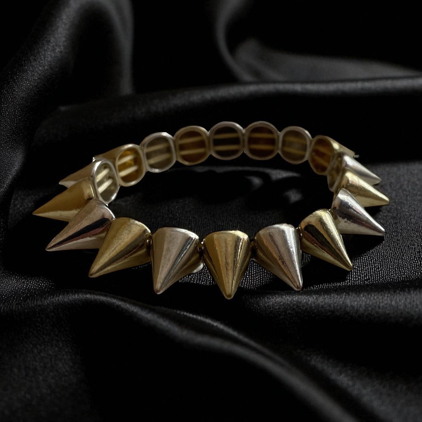 Goldtone and Silvertone Spike Stretch Bracelet – Vintage Mixed Metal Statement Jewelry, Retro Punk Style