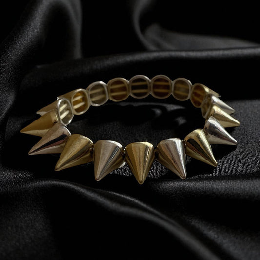 Goldtone and Silvertone Spike Stretch Bracelet – Vintage Mixed Metal Statement Jewelry, Retro Punk Style