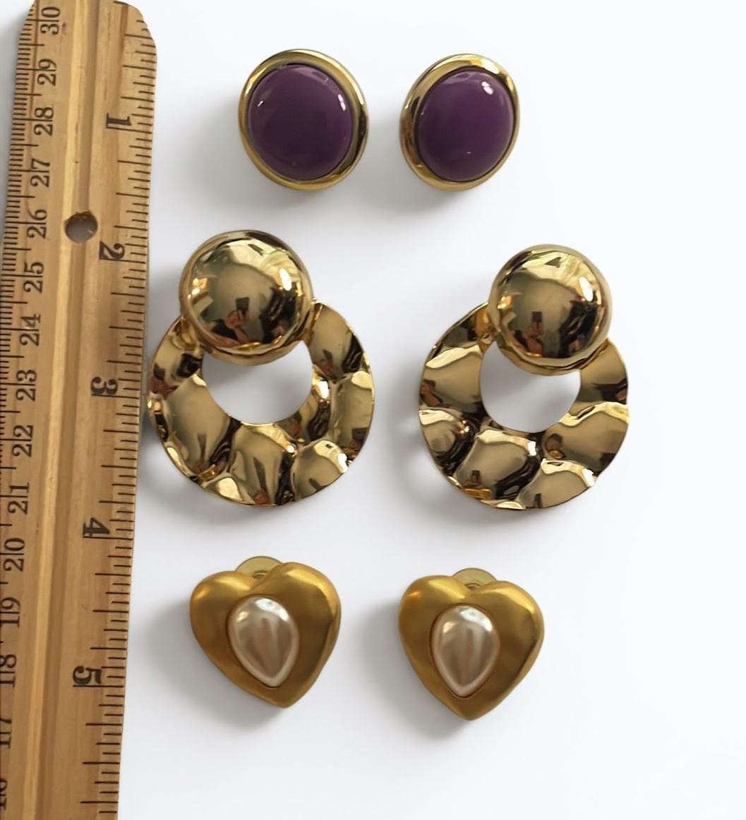 Vintage Pierced Earring Lot of 3 Pairs – Purple Cabochons, Gold Tone Hammered Hoops & Faux Pearl Hearts – Retro Statement Jewelry Collection