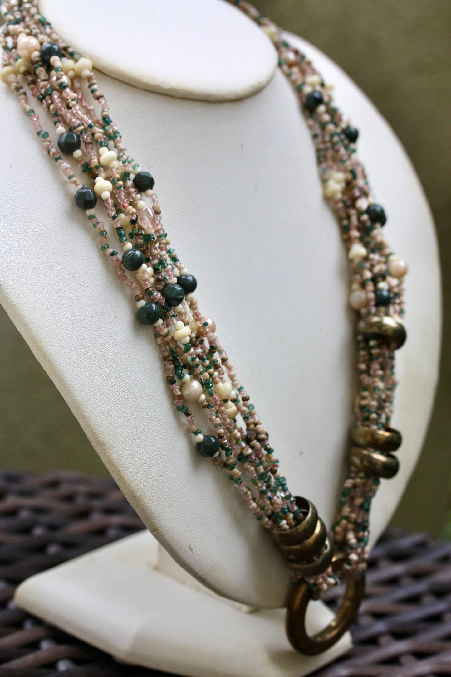 Stunning mixed material -  shades of pink, green and cream multi strand vintage necklace with adjustable hoops