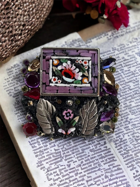 Handmade micro mosaic brooch, pin - one-of-a-kind - made of hand cut Italian glass, millefiori, metal and mixed materials