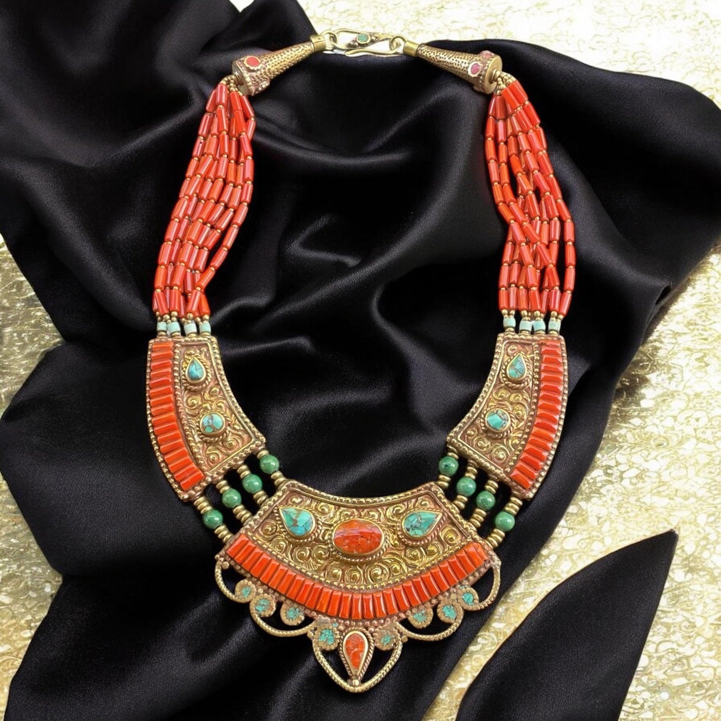 Boho Tribal Statement Necklace | Red Coral Beaded Ethnic Necklace | Tibetan Style Turquoise Brass Necklace | Bold Festival Jewelry