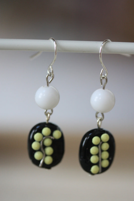 Sweet handmade yellow dotted black and white floral dangle earrings