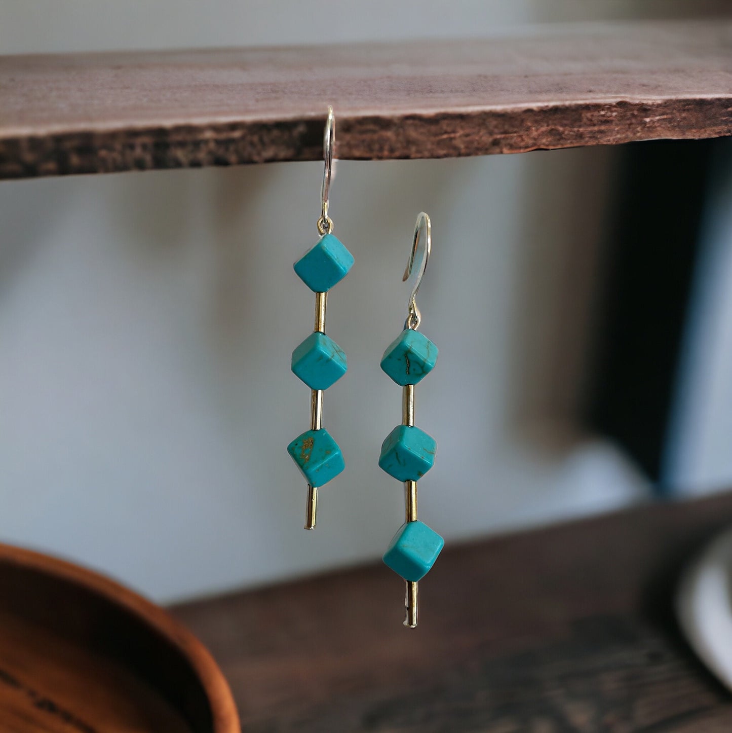 Three dimensional turquoise colored cube dangle earrings