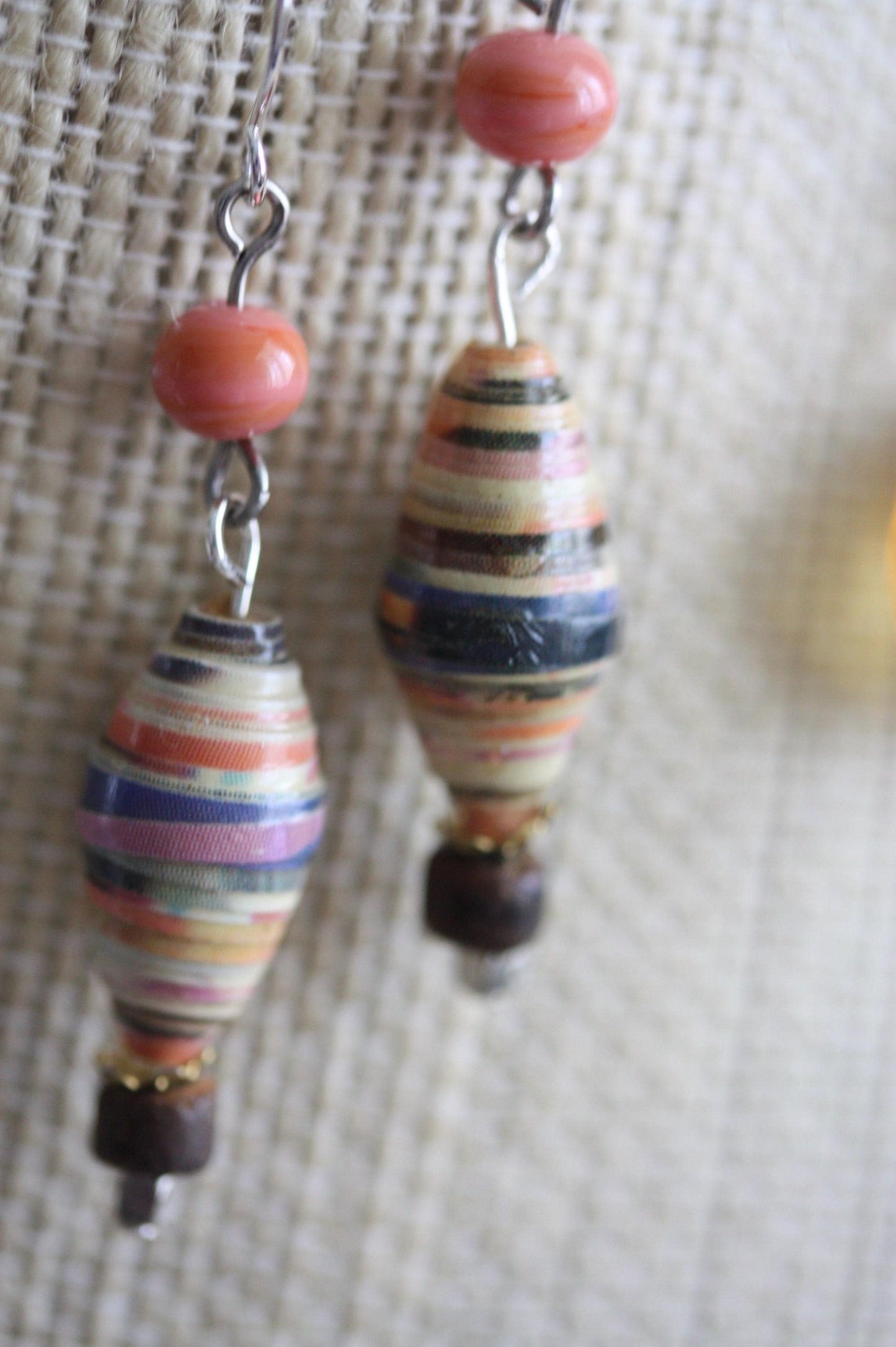 Oval rolled paper with coral glass - handmade dangle earrings - 2" long