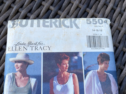 UNCUT Vintage Sewing Pattern - BUTTERICK 5504 Linda Allard for Ellen Tracy -Misses Jacket, TOP, Double wrap Skirt/Shorts Size 14, 16 and 18