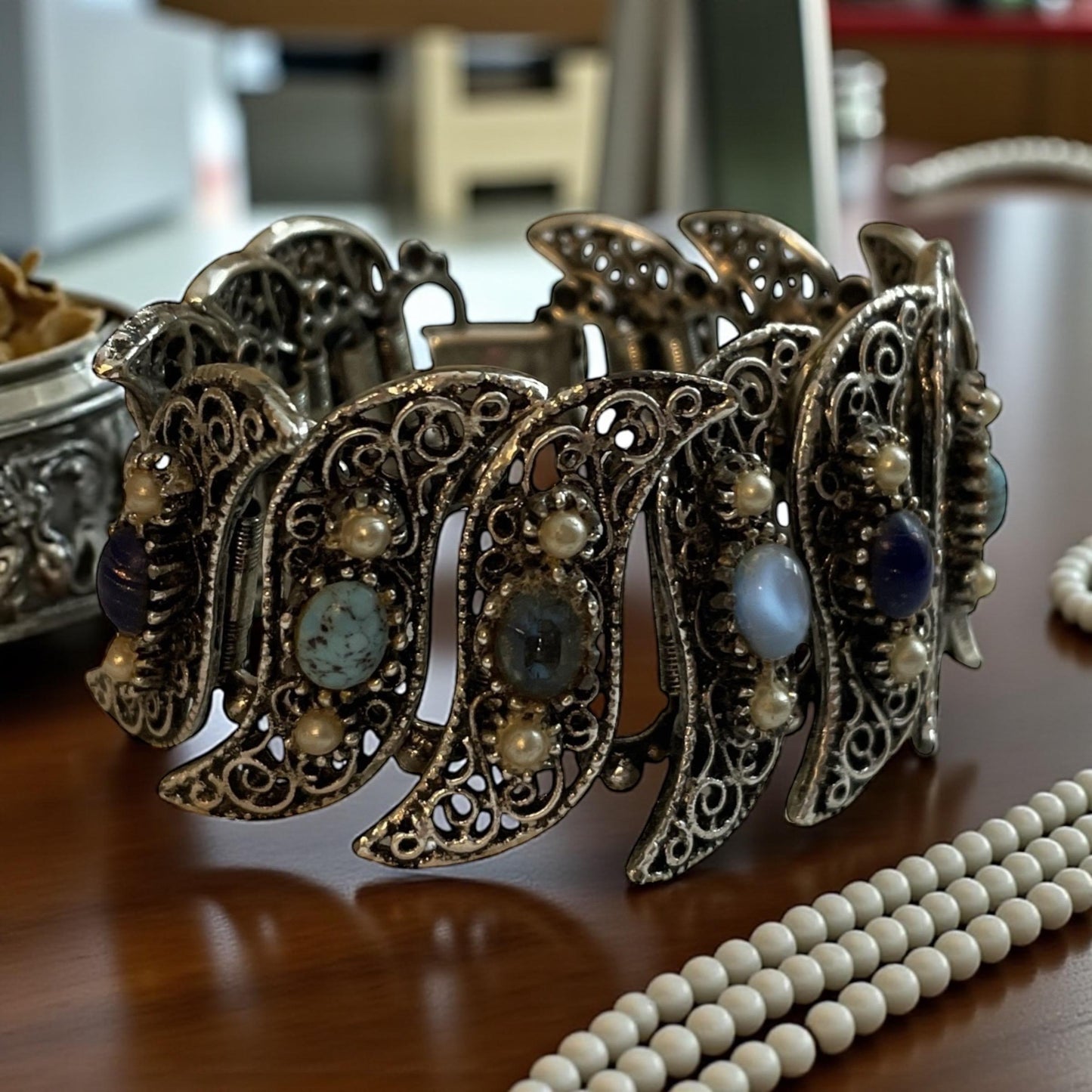 1940s Silvertone Filigree Bracelet – Vintage Blue Glass Cabochons, Art Deco Style, Retro Statement Jewelry