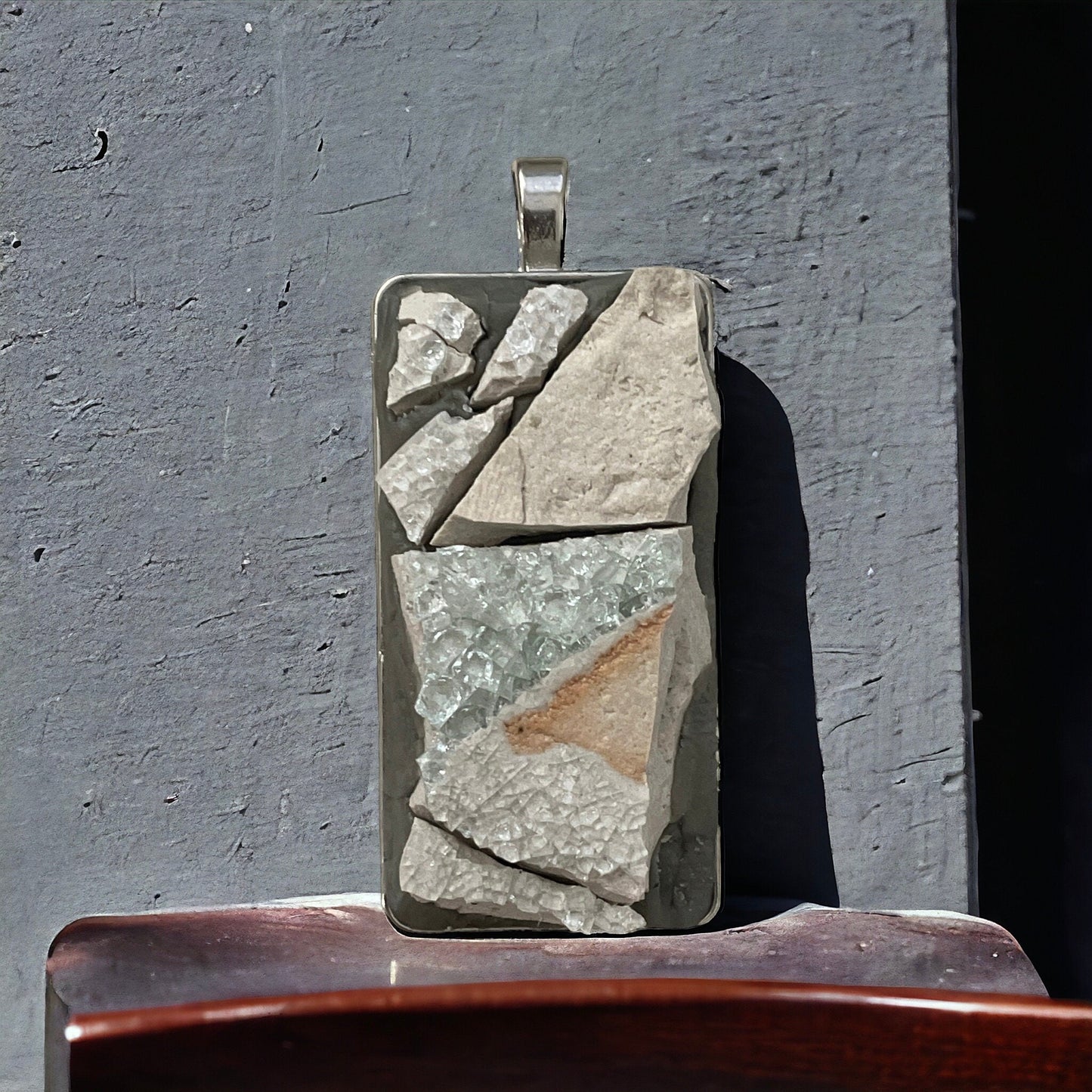 Handmade stone, cement and glass mosaic necklace - comes with a matching necklace chain