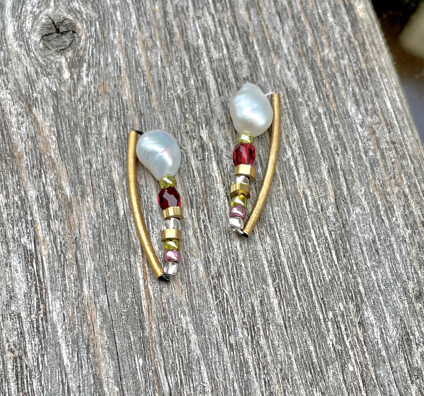 Unique mixed material handmade sterling silver stud earrings - baroque pearls, glass, metal, Japanese seed beads