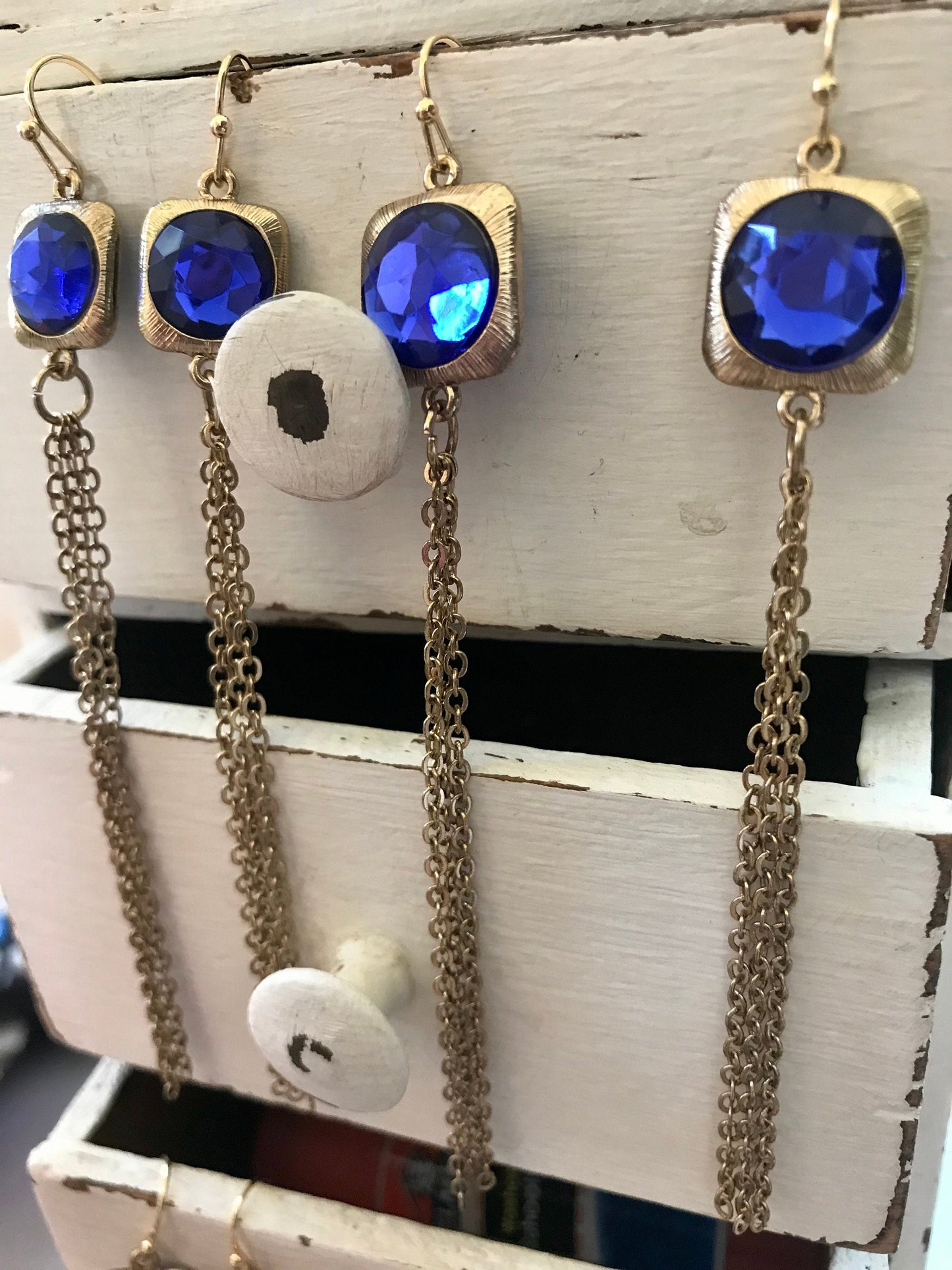 Super long 4-inch royal blue rhinestone and metal tassel dangle earrings
