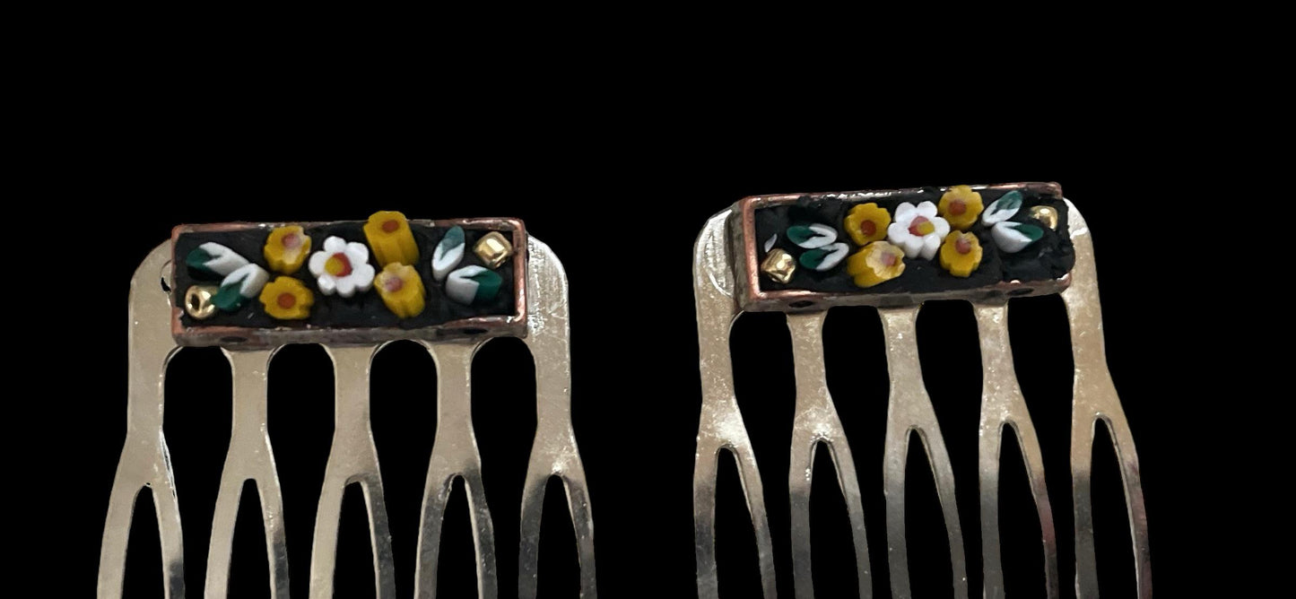Pair of one-of-a-kind handmade Italian glass micro mosaic hair combs