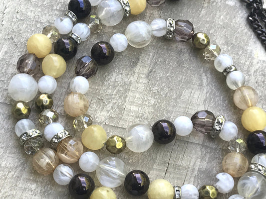 Long vintage beaded necklace - mixed material - swirled glass, crystal, metal, rhinestone, spacers