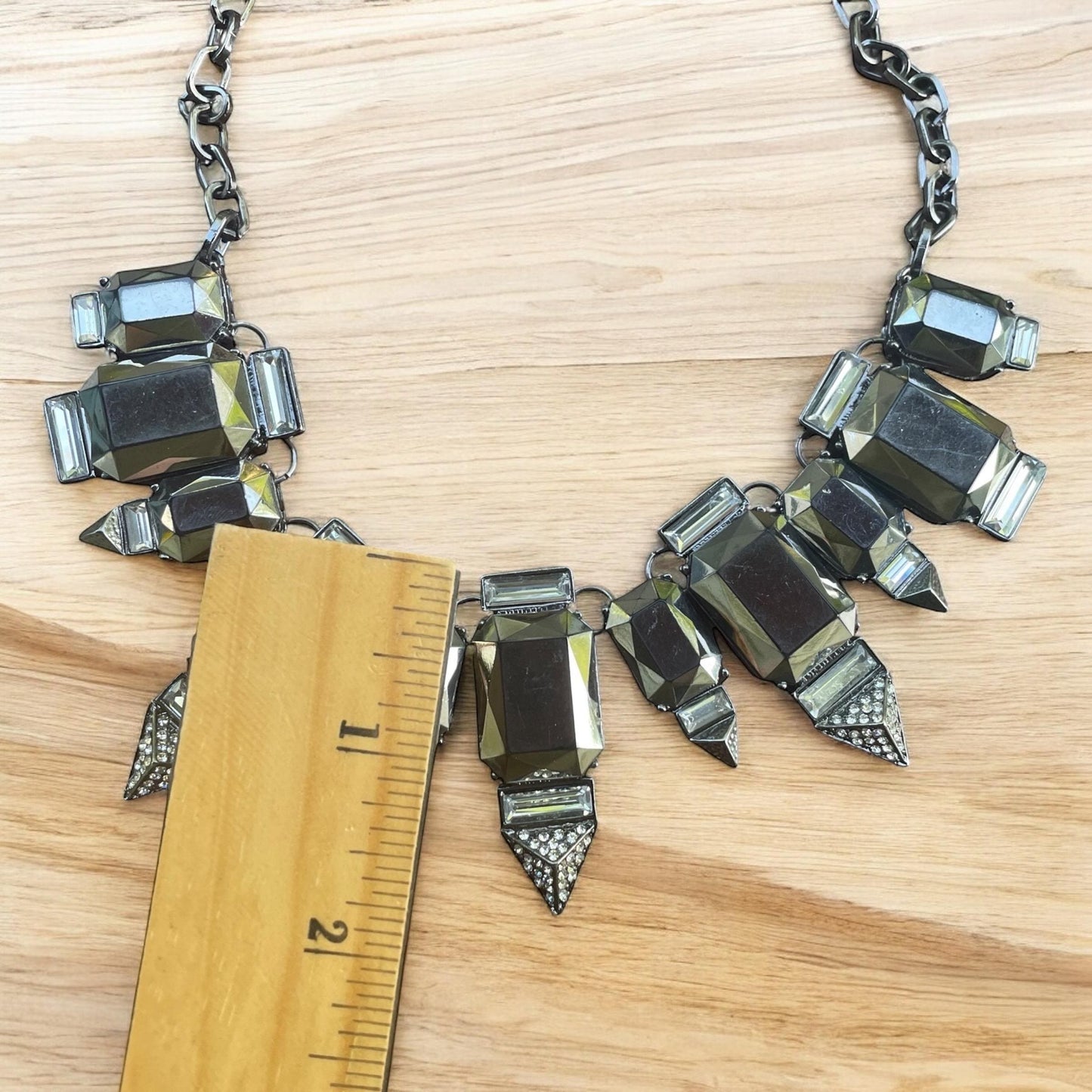 RJ Graziano Statement Necklace, Gunmetal Crystal Bib Necklace with pave rhinestones, Art Deco style Chunky Silver Jewelry, Geometric Glam