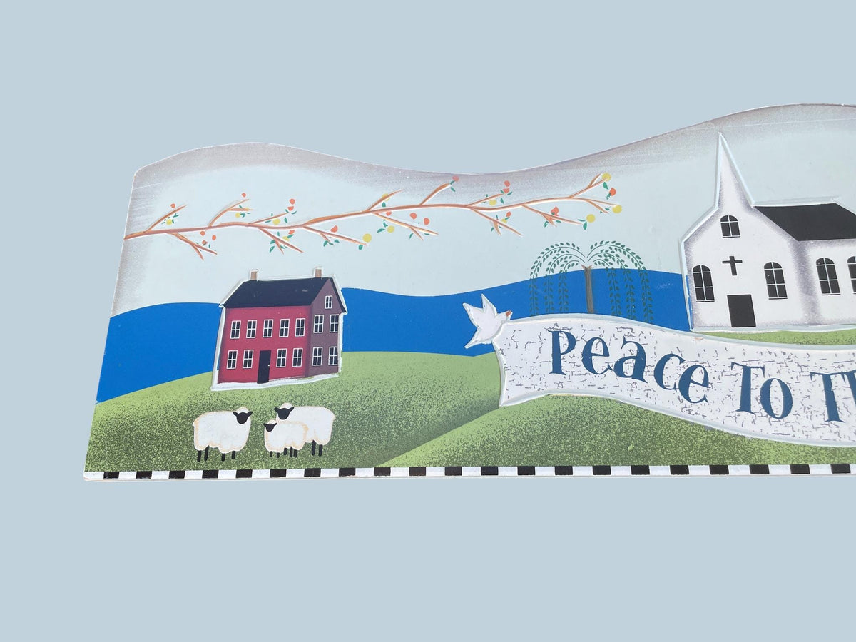 Folk Art Wooden Wall Plaque – “Peace to This Place” Country Village Scene with Sheep & Church – Primitive Farmhouse Decor