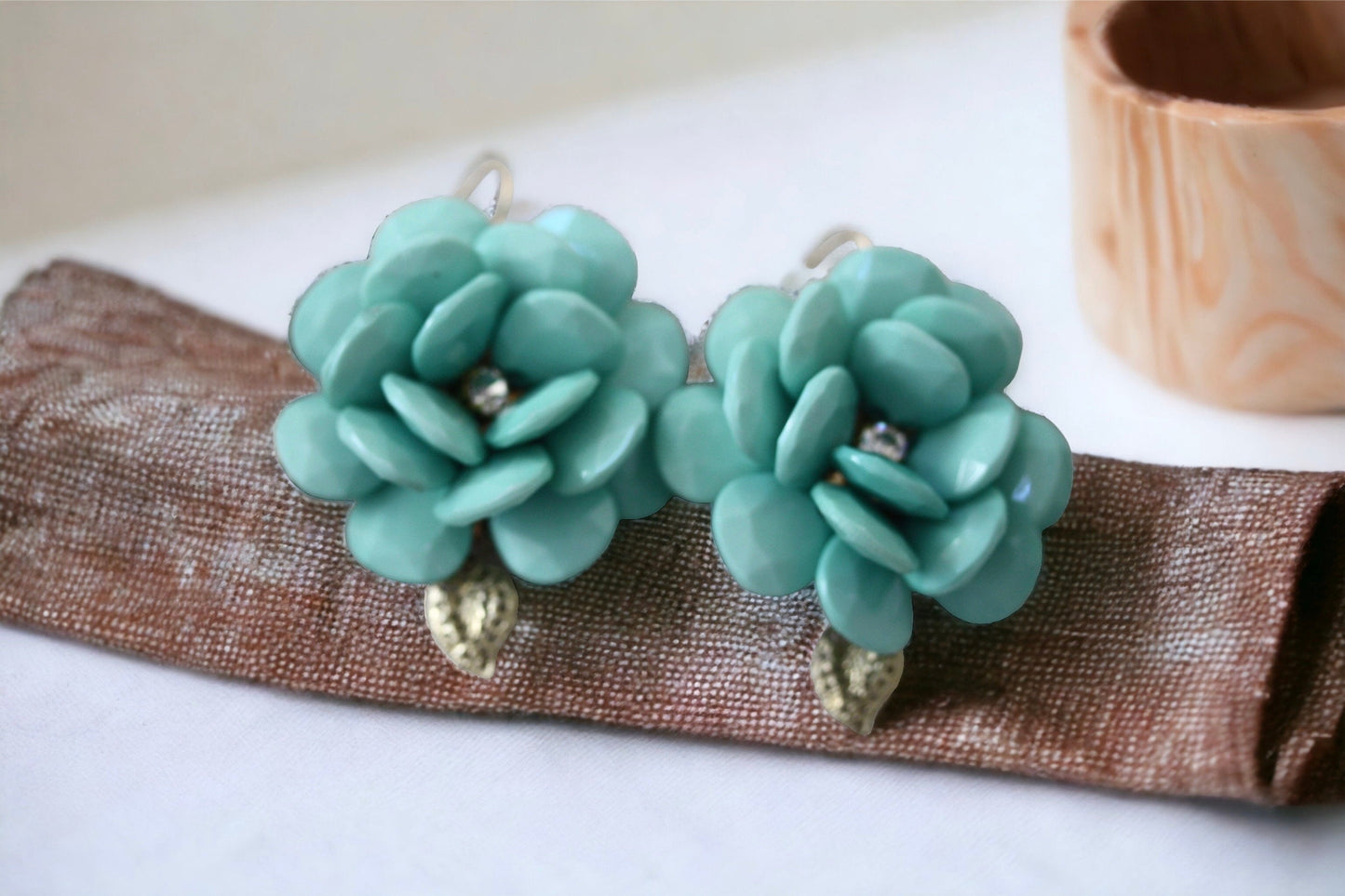Fun large beaded turquoise flower earrings with goldtone dangle leaves - upcycled, statement earrings