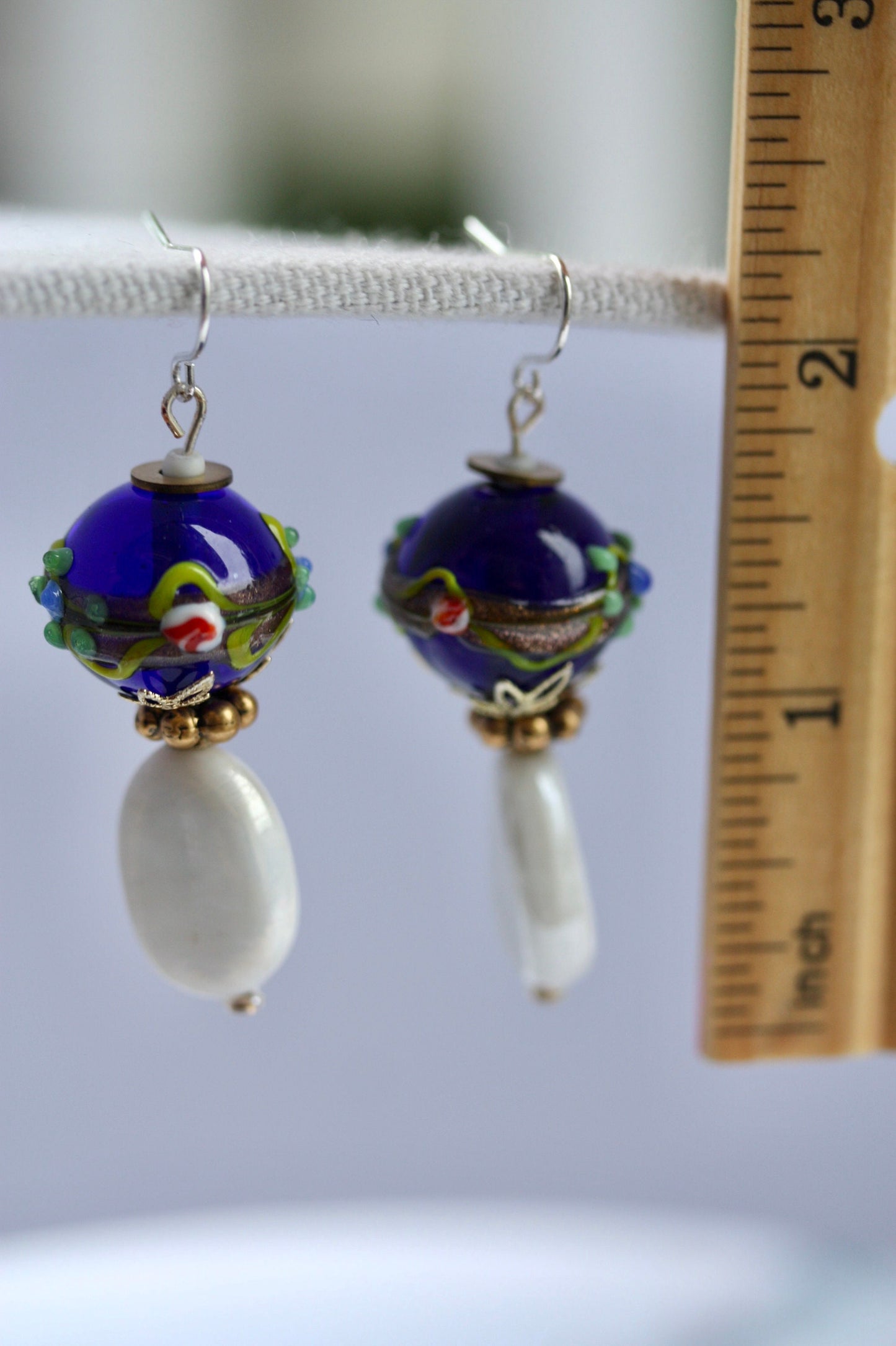 Cobalt blue Birthday cake vintage art glass earrings with white oval vintage glass