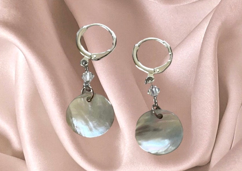 Natural mother-of-pearl shell bead dangle earrings with tiny crystals