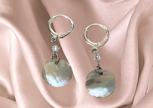 Natural mother-of-pearl shell bead dangle earrings with tiny crystals
