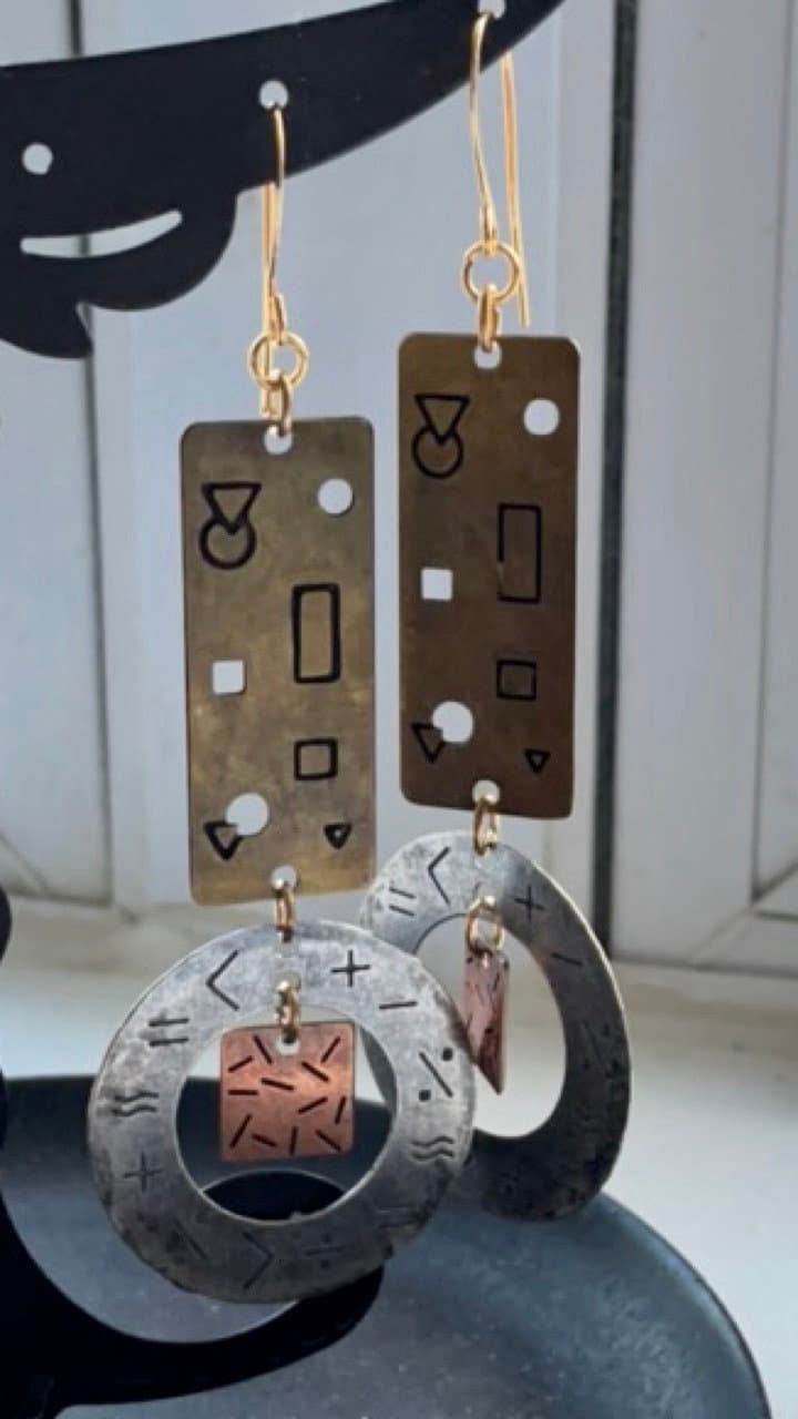 Stunning mixed metal geometric designed dangle earrings - signed NP