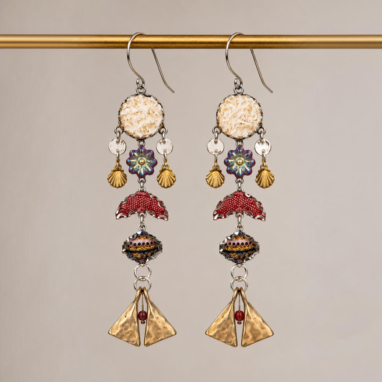 Handmade Mixed Media Dangle Earrings | Vintage Fabric Art Earrings | Boho Statement Earrings | Mixed Metal Jewelry | Artisan One of a Kind