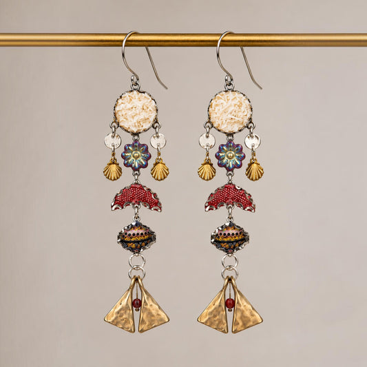 Handmade Mixed Media Dangle Earrings | Vintage Fabric Art Earrings | Boho Statement Earrings | Mixed Metal Jewelry | Artisan One of a Kind