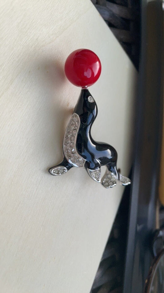Stunning Vintage Kenneth Jay Lane (KJL) Figural Seal Brooch Black Enamel with Rhinestones and red ball
