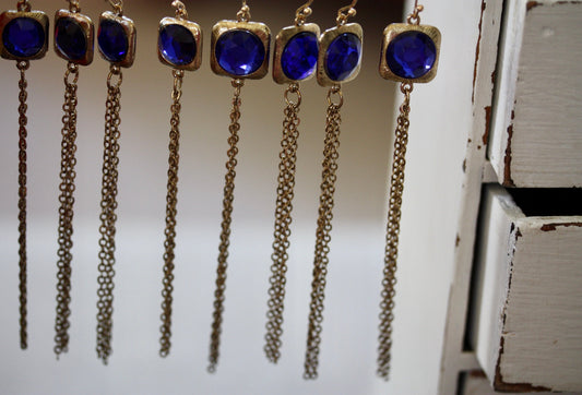 Super long 4-inch royal blue rhinestone and metal tassel dangle earrings