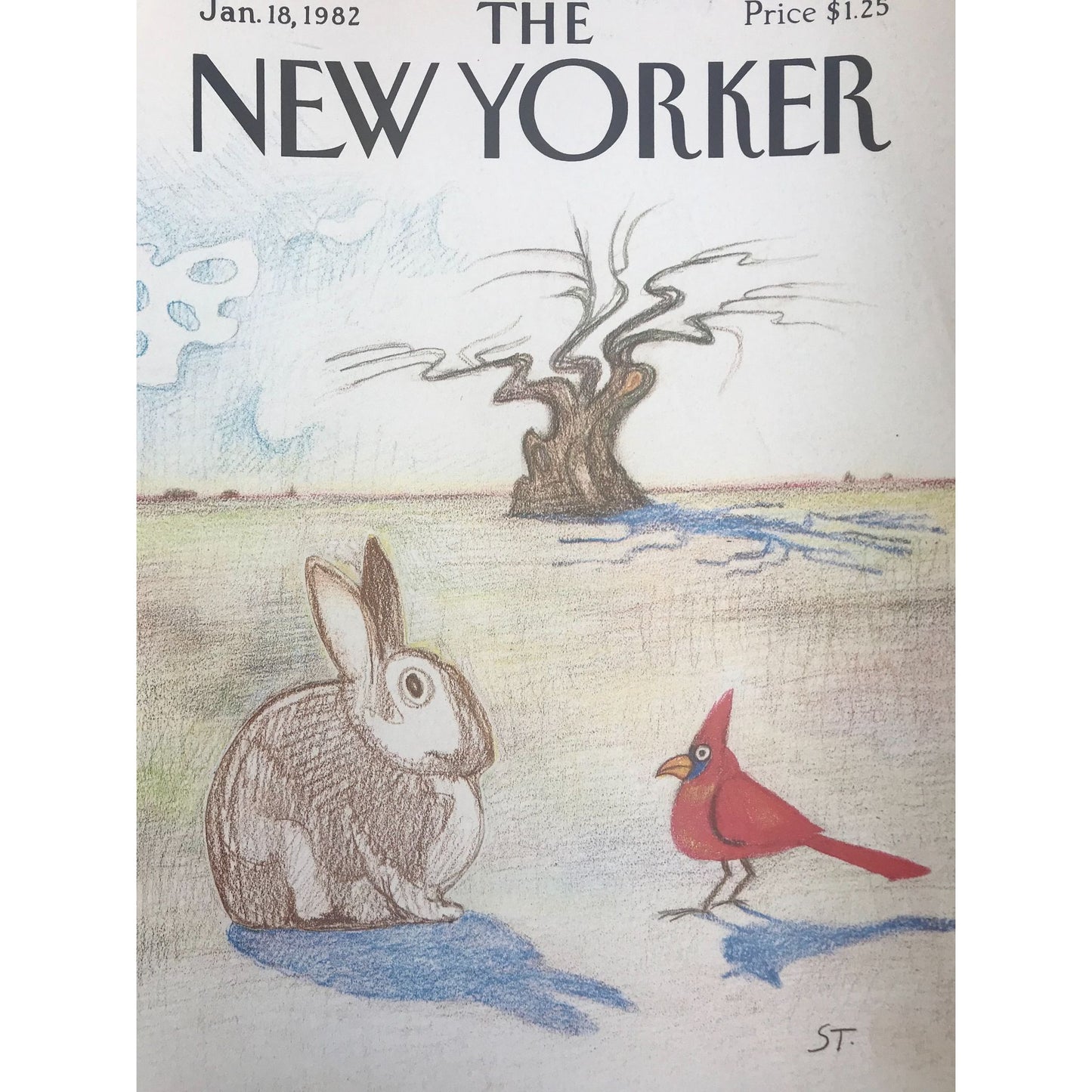 NEW YORKER Magazine original cover -  vintage -January 18, 1982 - cardinal bird and rabbit