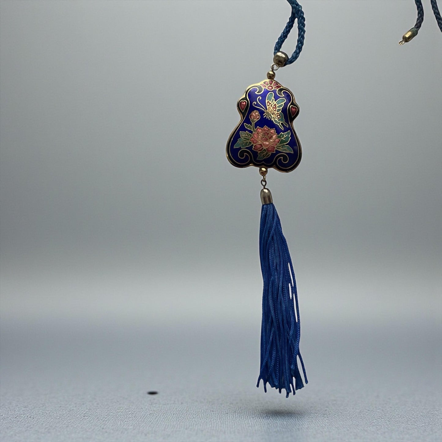 Vintage Cloisonné Floral Tassel Necklace Blue Enamel Asian Pendant