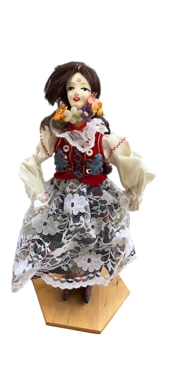 Vintage Polish Folk Doll, Krakow Region Traditional Costume, Embroidered Vest, Lace Apron, Floral Embellishments, collectible - please read