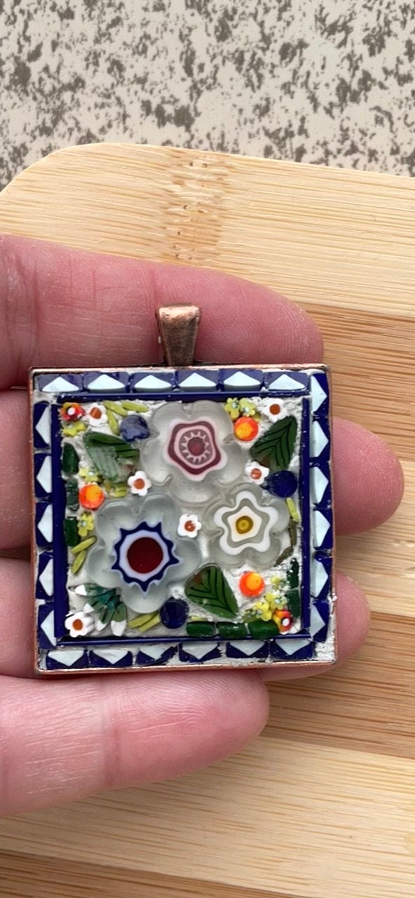 My handmade mosaic necklace - "Flower garden" - hand cut ceramic and glass with millefiori flowers