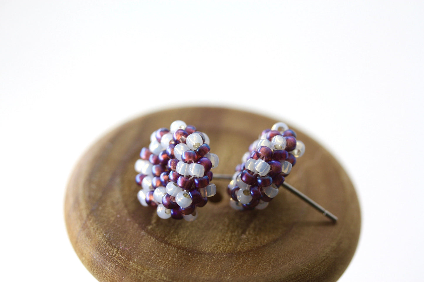 Hand beaded stud earrings - purple with drops of white glass - studs, beadwork studs, beaded studs