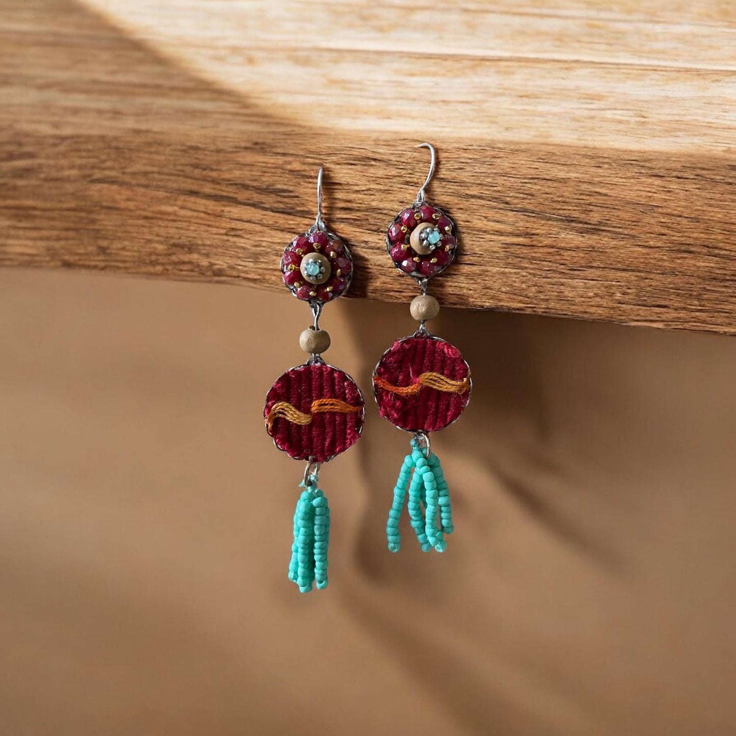 Collage earrings - "Red Sky" - fabric, wood, mixed metals, glass seed beads - sterling silver ear wires