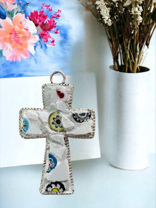 My handmade mosaic cross necklace - made from hand cut pieces of a broken vintage dish with millefiori glass