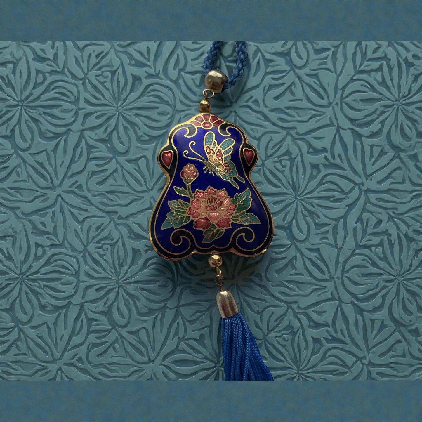 Vintage Cloisonné Floral Tassel Necklace Blue Enamel Asian Pendant