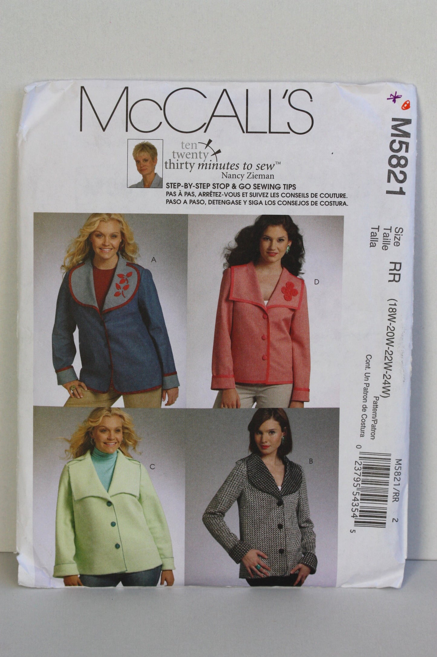 UNCUT Sewing Pattern - McCalls sewing Pattern M5821 - Plus Size Womans Jacket with Collar Variations - Size RR 18W-24W