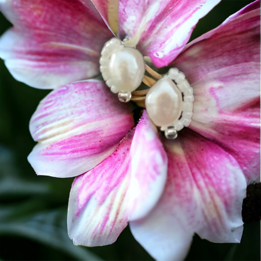 Stunning baroque pearl stud earrings with tiny intricate beadwork - sterling silver ear wires
