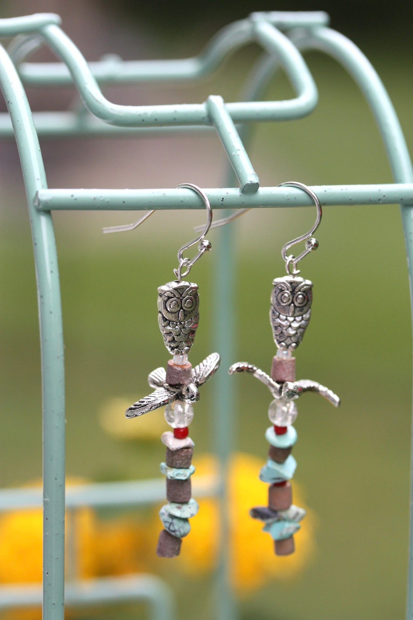 Owl and bird "totem pole" beaded earrings
