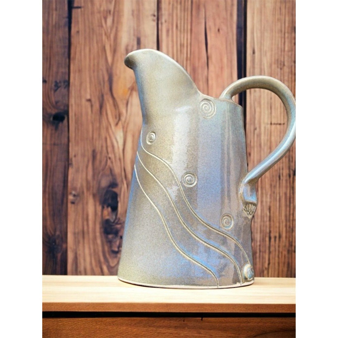 Stunning pottery pitcher - narrow, oval shaped, handmade, vintage - silvery blue gray glazed exterior, blue glazed interior