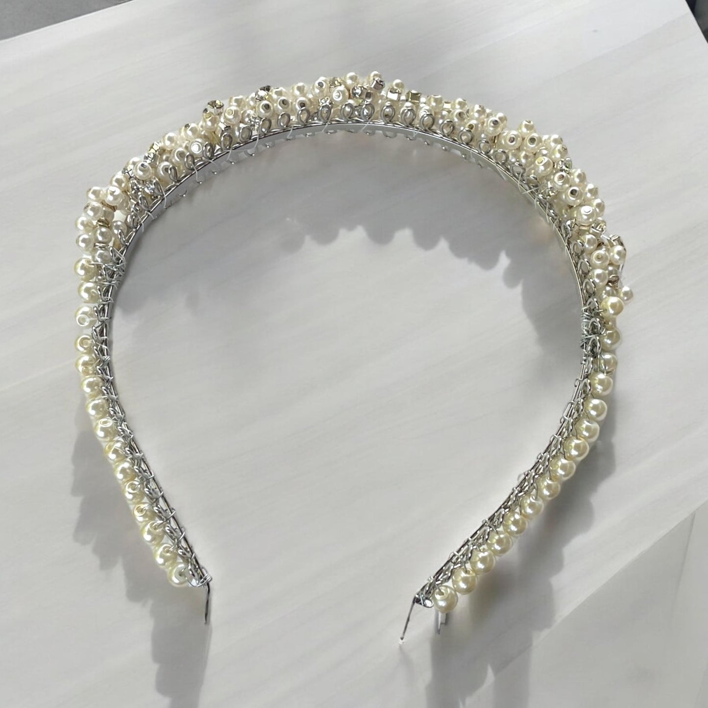 Handmade stunning head band for hair - with rhinestones and pearls on metal base - wedding, bride