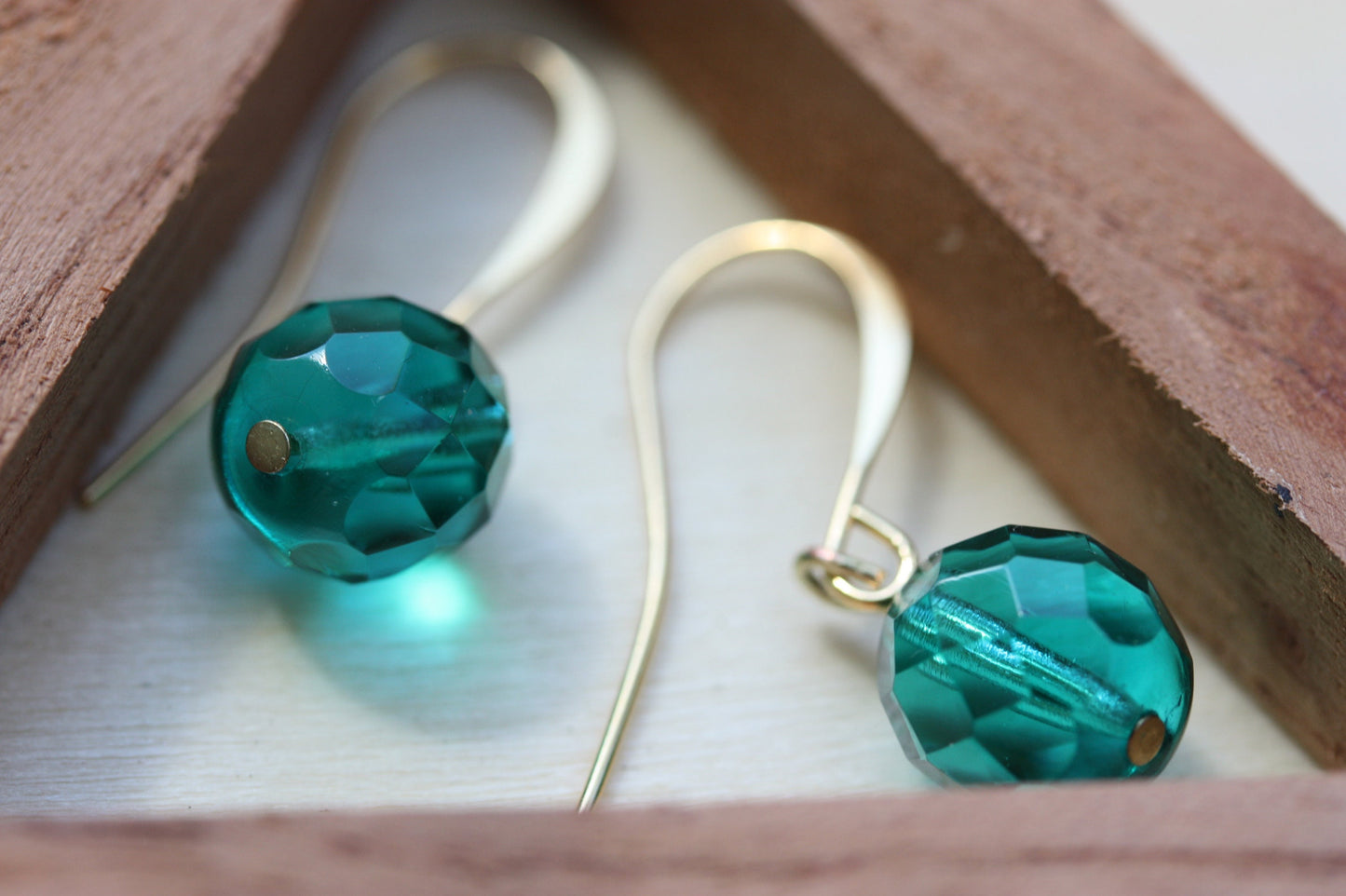 Minimalist turquoise glass crystal dangle earrings with sloped goldstone ear wires
