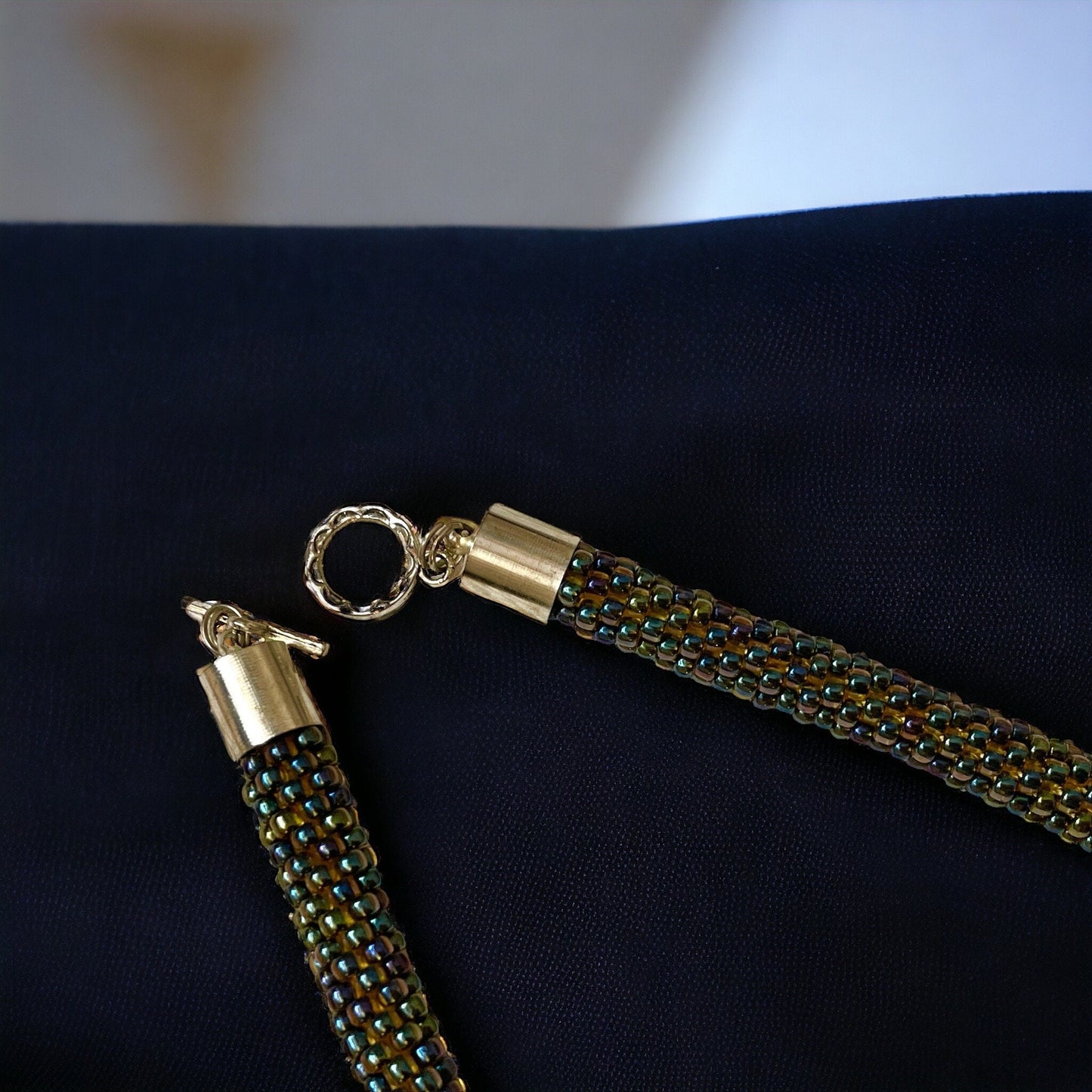 Stunning beadwork vintage handcrafted necklace - made of hundreds of tiny glass seed beads - iridescent peacock blue