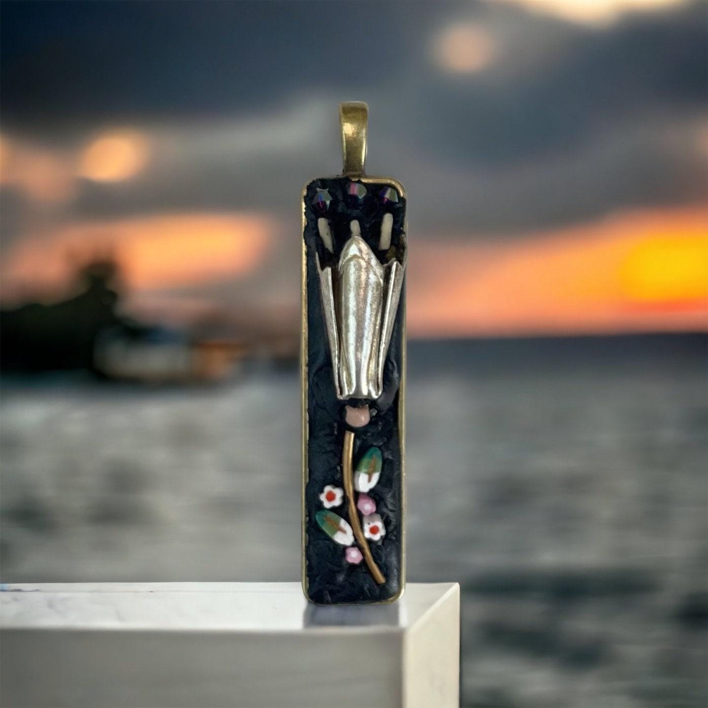 Mosaic Necklace Pendant: Mixed Glass and Metal - Handmade Floral Design