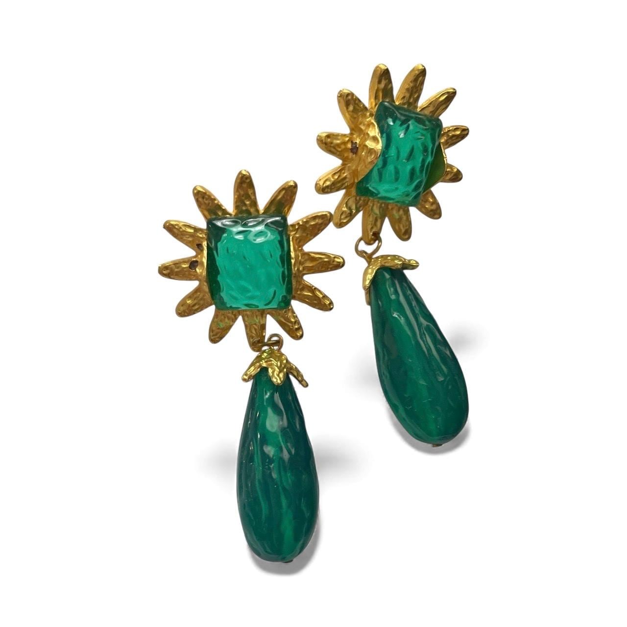 Vintage Green Drop Earrings • Gold Sunburst Statement Earrings • Bold Retro Dangle Jewelry