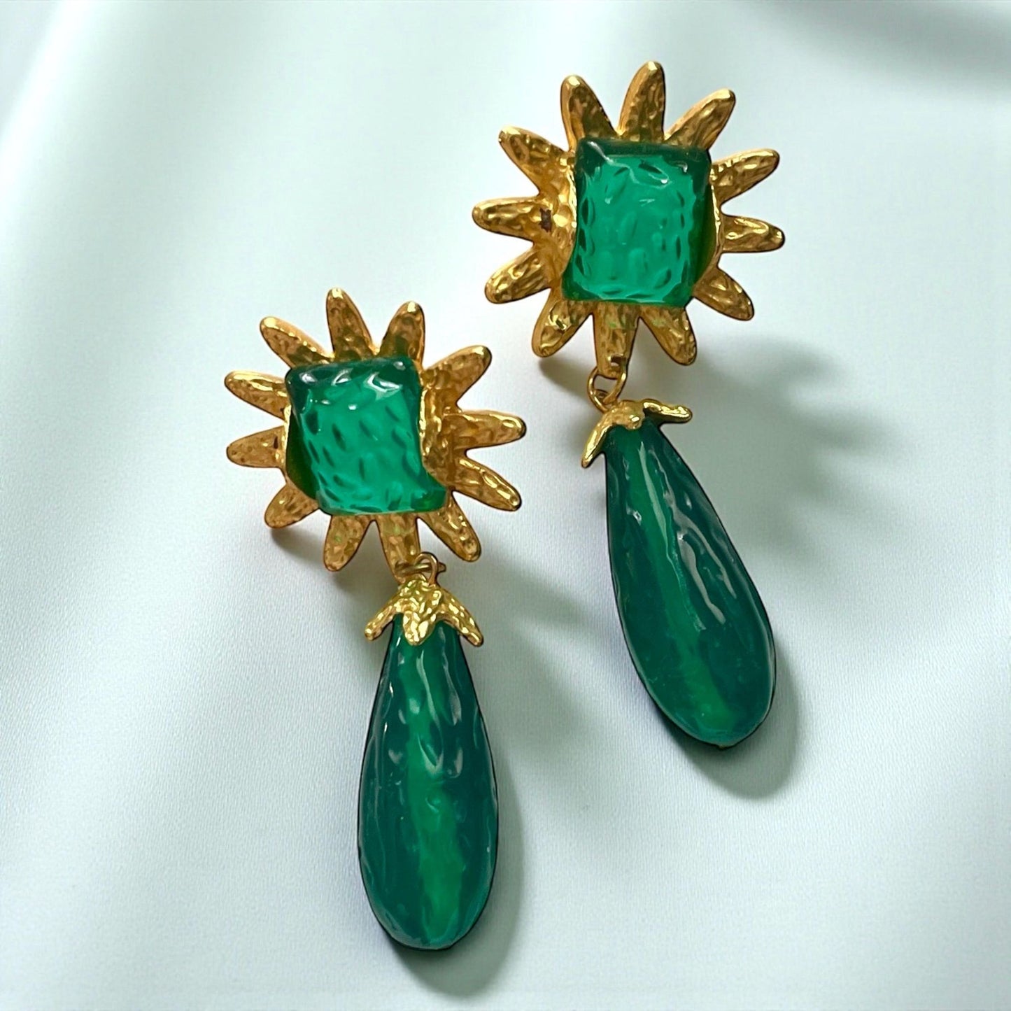 Vintage Green Drop Earrings • Gold Sunburst Statement Earrings • Bold Retro Dangle Jewelry