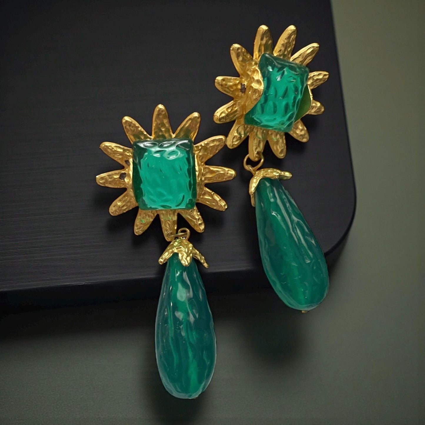 Vintage Green Drop Earrings • Gold Sunburst Statement Earrings • Bold Retro Dangle Jewelry